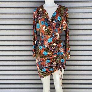 Orange and Blue Long Sleeve Bodycon Dress V-Neck